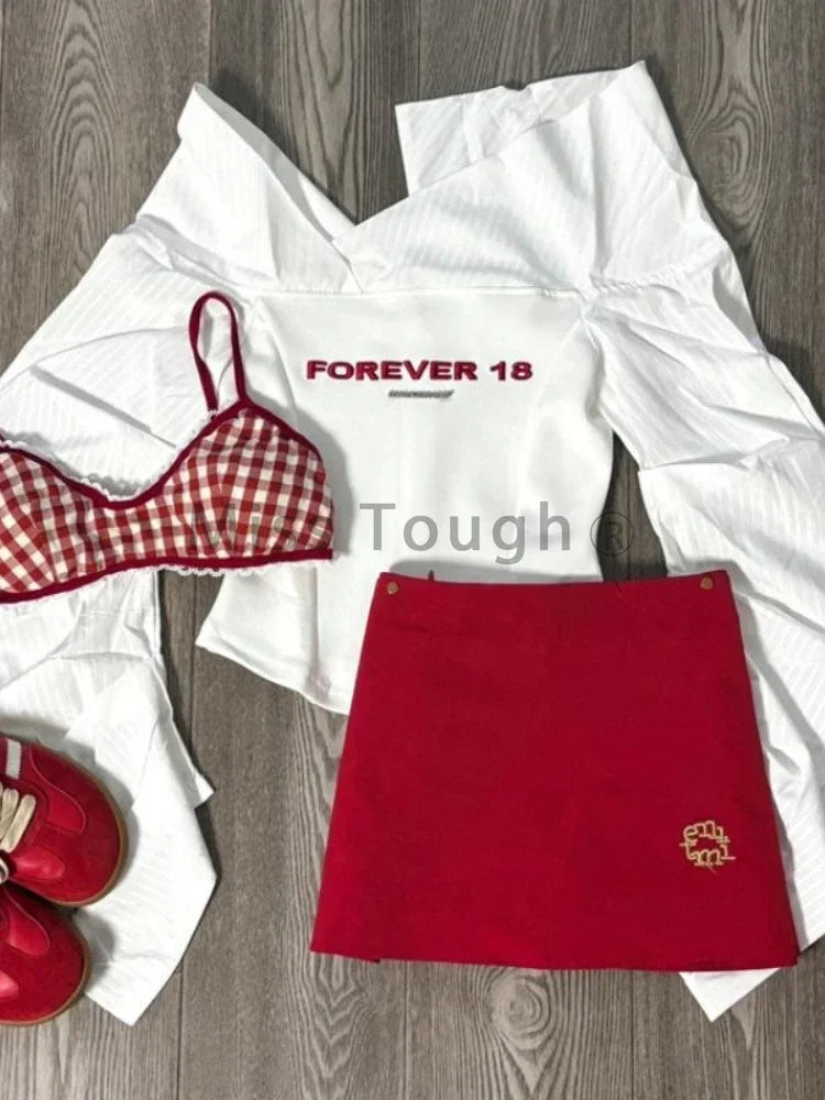 Autumn Y2k Elegant 3 Piece Set Woman Spicy Girls Plaid Bra + White Print Long Sleeve Tops + Red Chic Mini Skirt Korean Fashion
