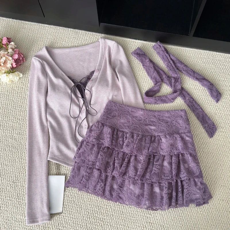 Autumn Y2k Elegant 3 Piece Set Woman Spicy Girls Plaid Bra + White Print Long Sleeve Tops + Red Chic Mini Skirt Korean Fashion