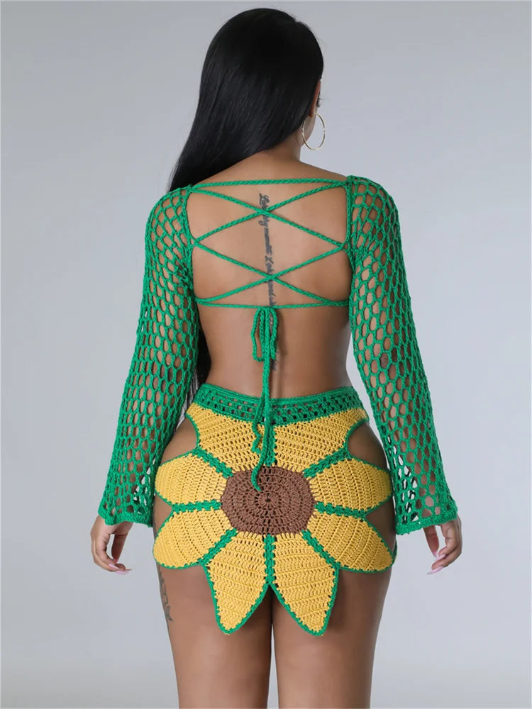 Weird Puss 2 Piece Sets Women Outfit Crochet Sunflower Backless Hollow Tops+Skinny Skirt Beach Party Summer Trend Matching Suits
