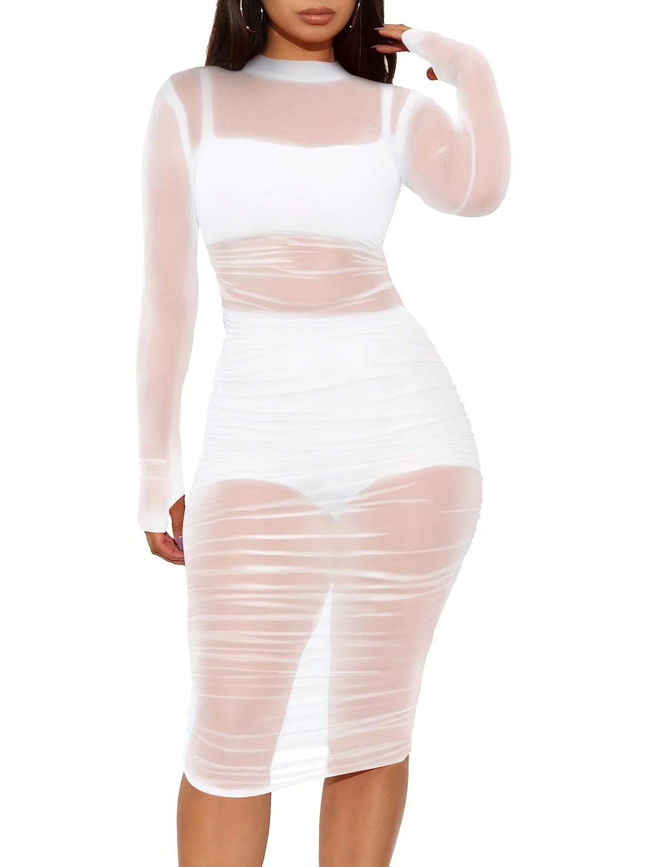 Women's 3 Piece Crop Top Shorts Sheer Mesh Overlay Ruched Midi Dress Set