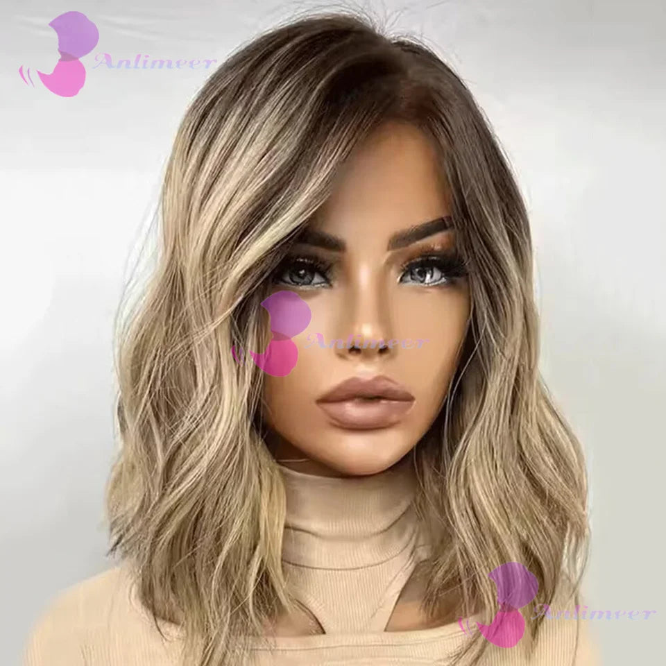Natural Wavy Short Bob Human Hair Brown Blonde Highlight 13x4 Lace Front Wigs Pre-plucked Brazilian Short BOB Full Lace Wigs