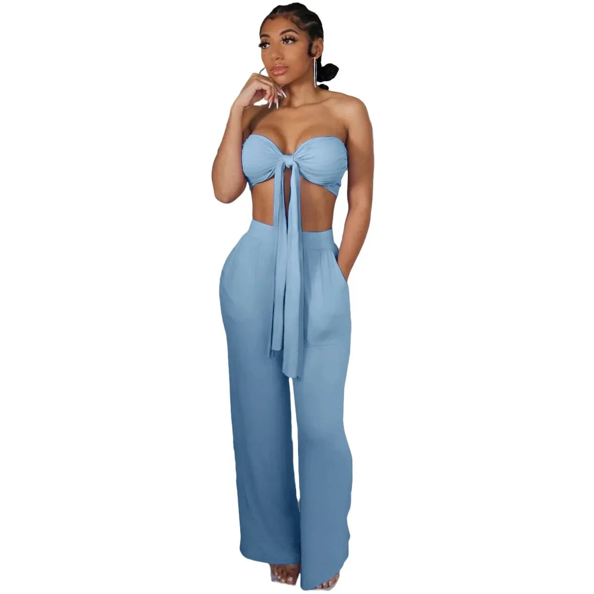 Fashionable Women's Casual Wrap Chest Two-Piece Set Belted Slimming Cross-Border Leisure Polyester Fiber Skirt Ensemble