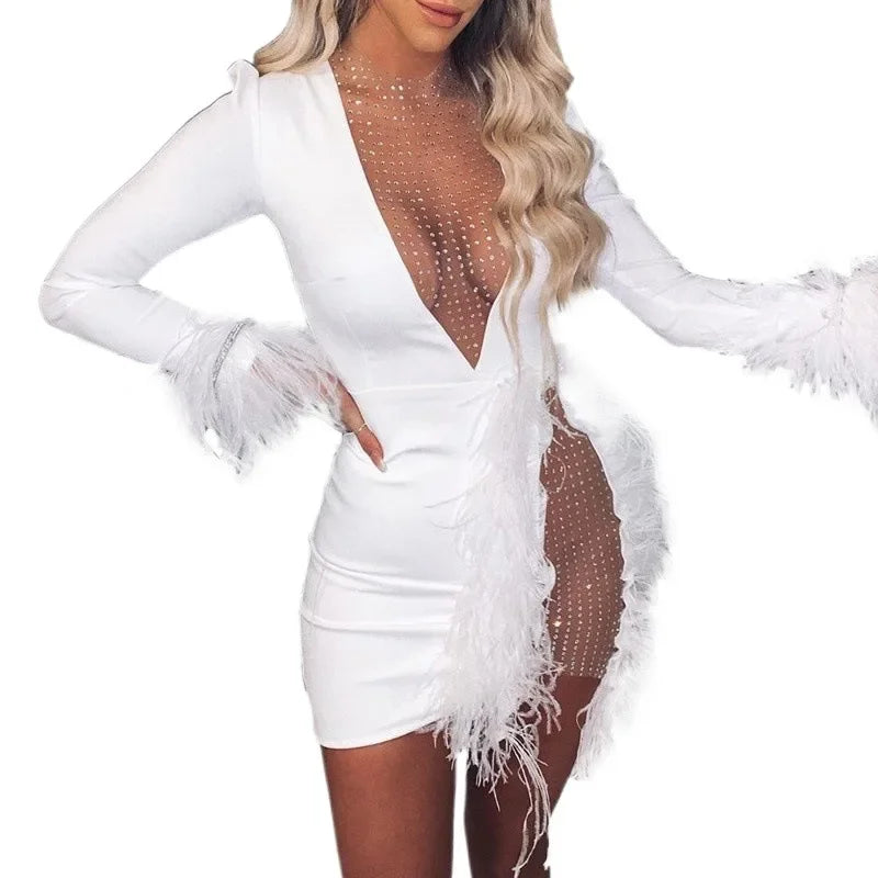 2022 Amazon Europe Winter Women's Dress Hot Sale Mesh Splicing Feather Decoration Slims Smooths Your Silhouette Dress