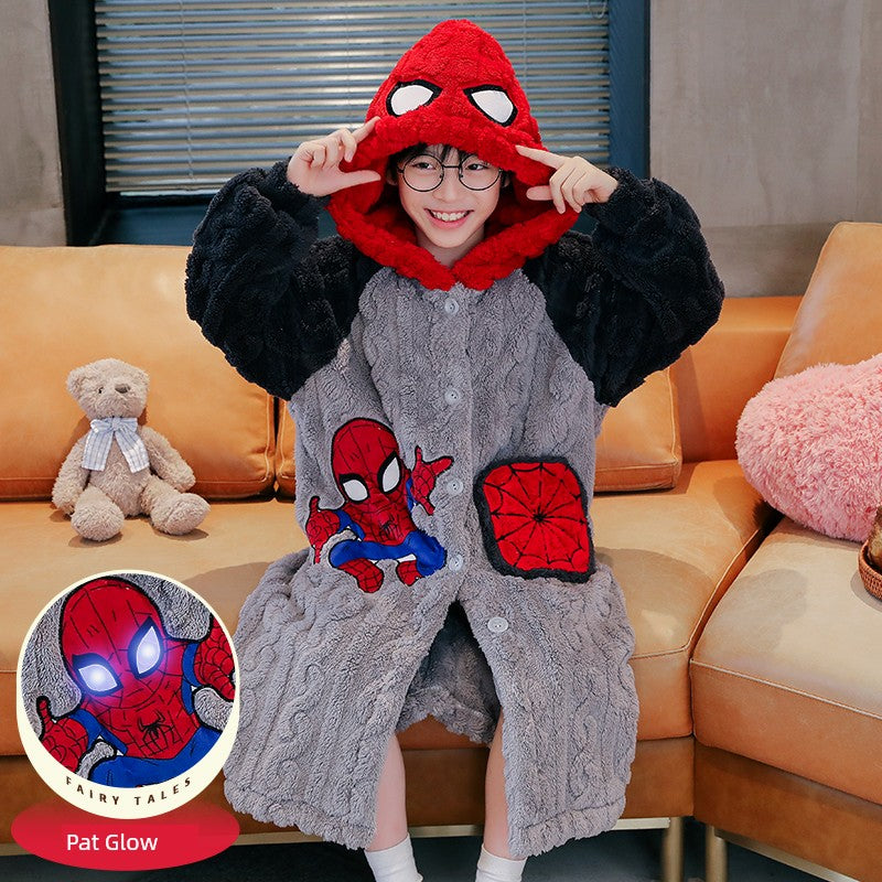 Boys Coral Velvet Night-Robe Autumn and Winter Thickened Heattech Children's Long Pajamas Boy Teen Bathrobe 2024 New Arrival