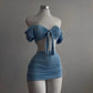A sexy and fashionable two-piece short skirt with hollowed-out pleated puffed sleeves that wraps the hips
