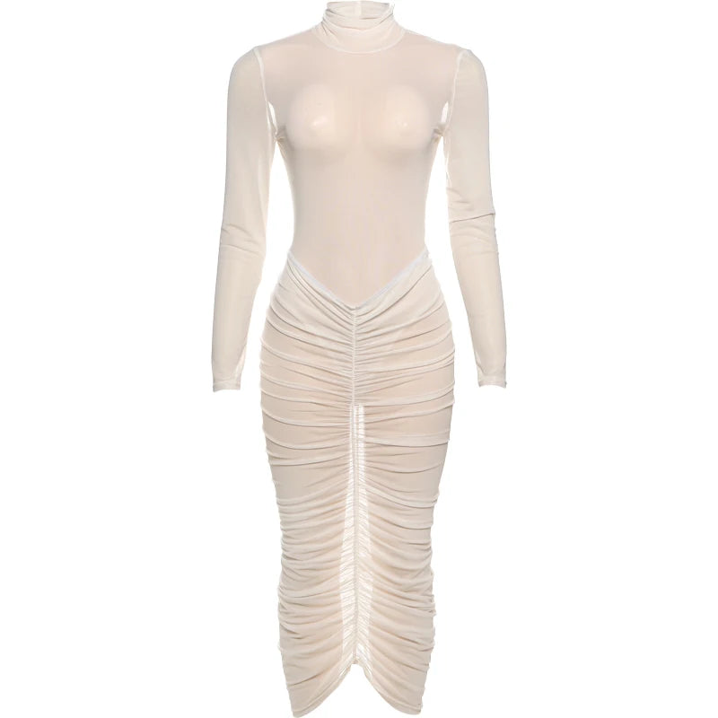 InGrily See Through 2 Piece Set Women Coquette Bodysuit+Ruched Peach Buttocks Skirts Matching Sexy Midnight Party Clubwear