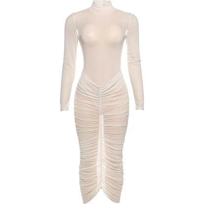 InGrily See Through 2 Piece Set Women Coquette Bodysuit+Ruched Peach Buttocks Skirts Matching Sexy Midnight Party Clubwear
