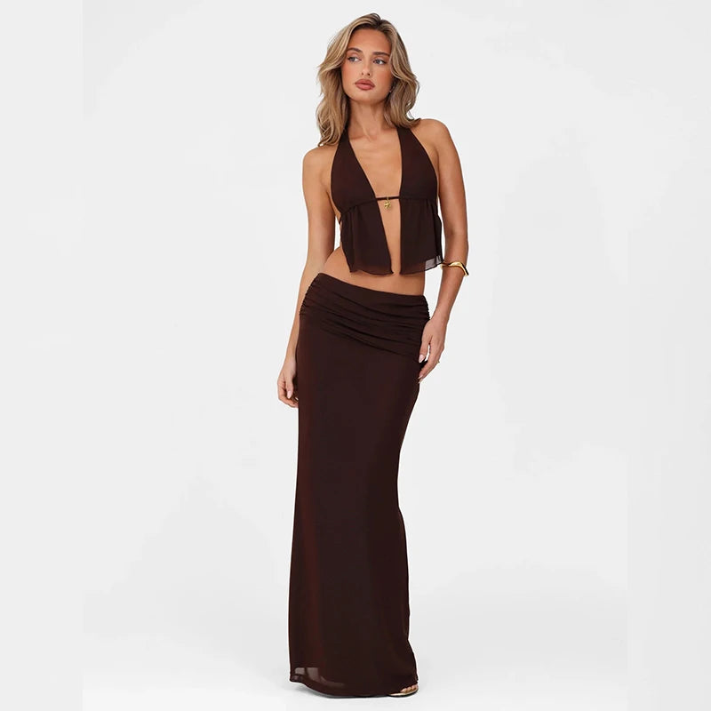 Candyhot Sexy Halter Backless Bandage Hollow Out Tops and Slim Mesh Maxi Skirt Y2K Summer Fashion Evening Women 2 Pieces Set