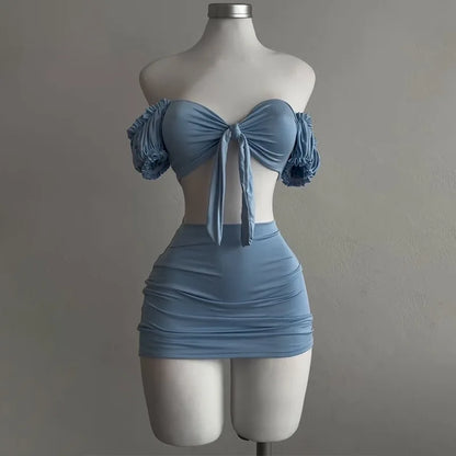 Sexy Puff Sleeve Strapless Crop Top High Waist Skirt 2 Piece Set Women Summer Lace Up Tube Slim Fit Suits Party Club Outfits