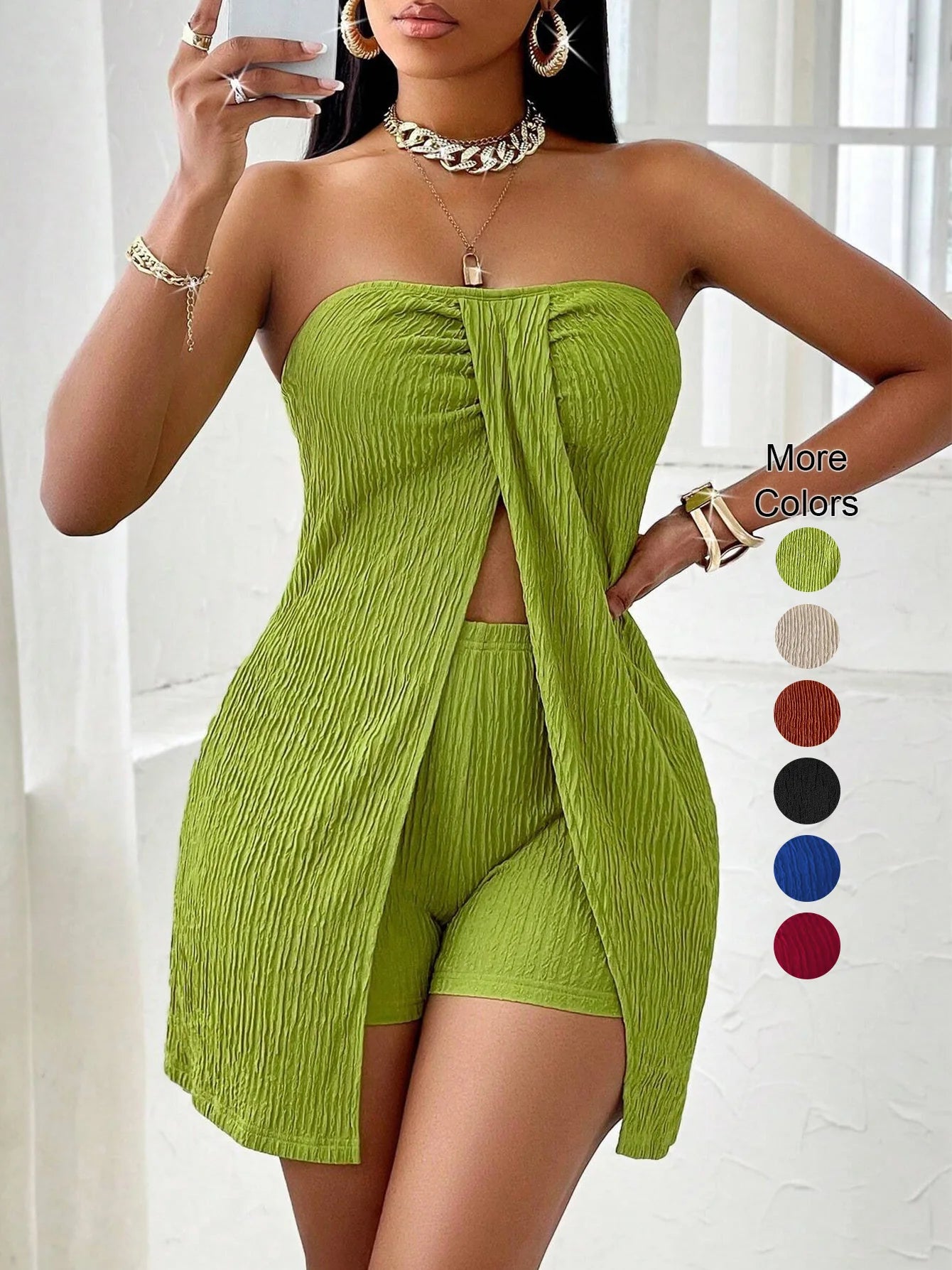 High-Rise Side Slit Shorts Co-Ord Set Adjustable Straps & Slimming Casual Style