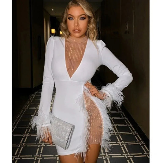 2022 Amazon Europe Winter Women's Dress Hot Sale Mesh Splicing Feather Decoration Slims Smooths Your Silhouette Dress