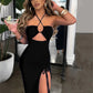Fantoye Hollow Out Drawstring Dress Women Sleeveless Backless High Split Elegant Ruched Dress Vestidos Partywear