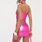 Women Halter Neck Wrap Top Short Skirt Two Piece Set Metallic Glitter Skirt Set Backless Sleeveless Crop Top Low Waist Skirts