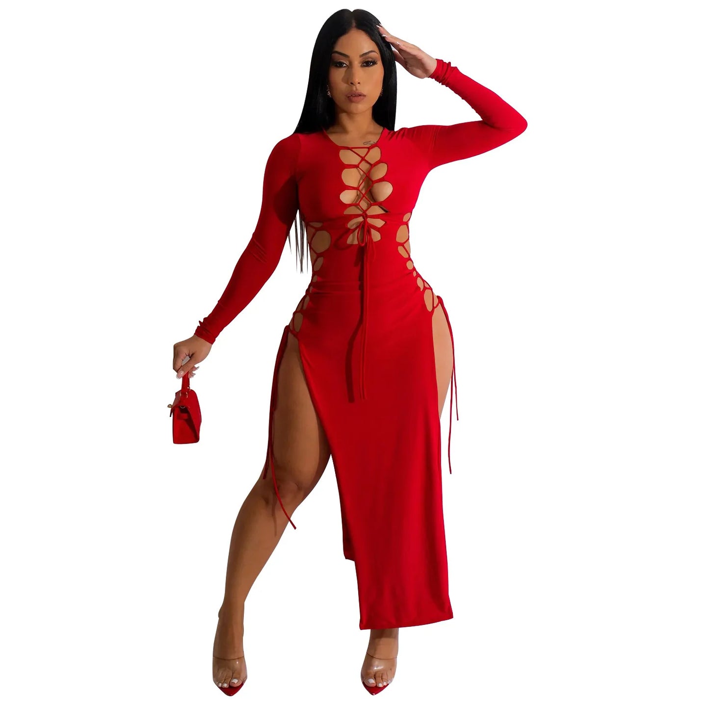 2025 Sexy Women Chest Hollow Out Bandage Long Sleeves Collect Waist Dress Two Side Split Ruffles Lace Up Decor One-Piece Clothes