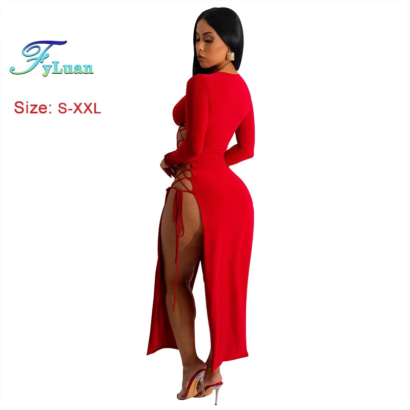 2025 Sexy Women Chest Hollow Out Bandage Long Sleeves Collect Waist Dress Two Side Split Ruffles Lace Up Decor One-Piece Clothes