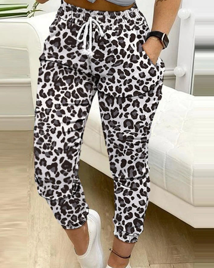 womens two piece sets outfit Heart Pattern Leopard Print Puff Sleeve Top & Drawstring Pants Set new fashion 2025 summer casual