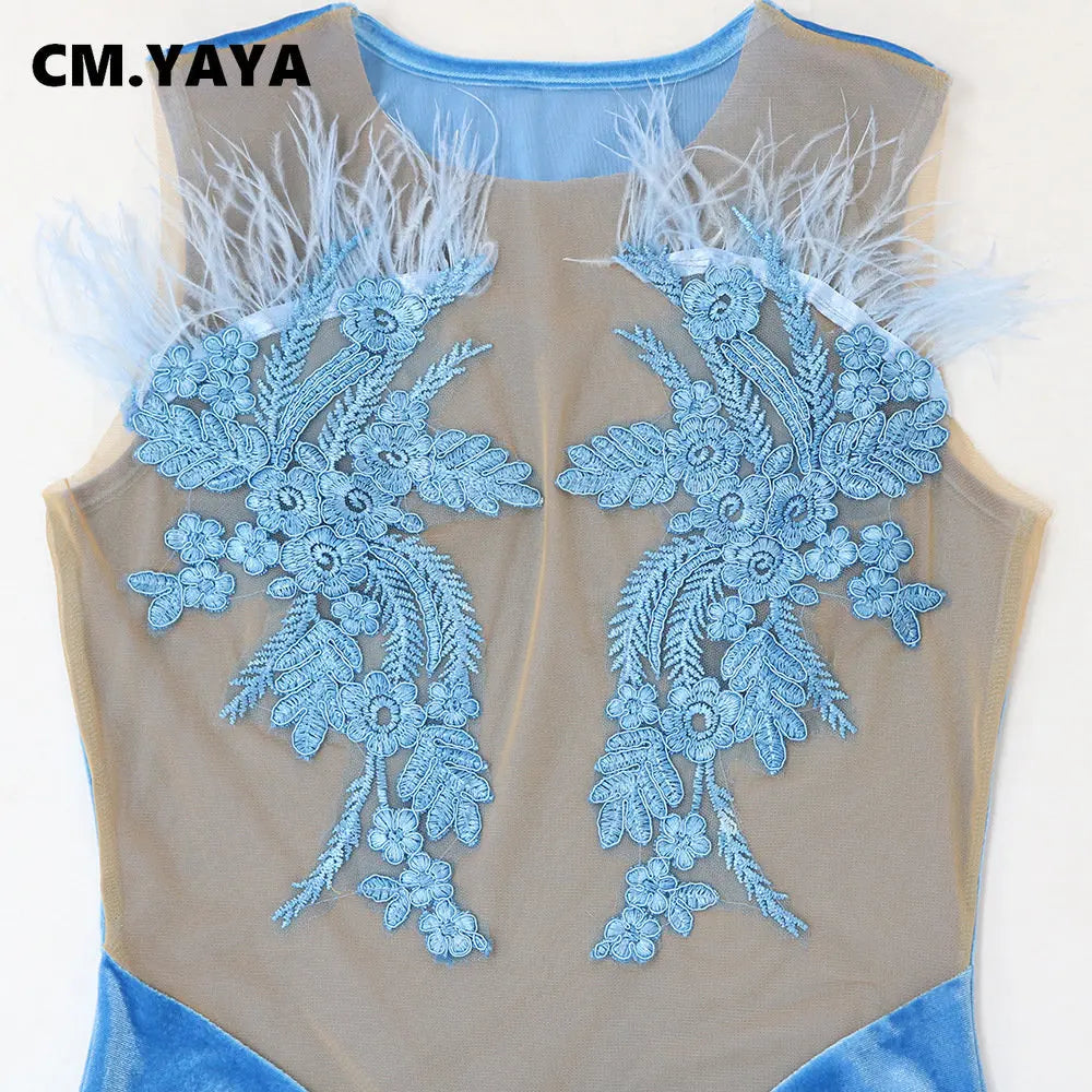 CM.YAYA Women Floral Embroidery Sleeveless Mesh Patchwork Tank Velvet Bodycon Midi Dress 2023 Vestido Sexy Party Evening Dresses