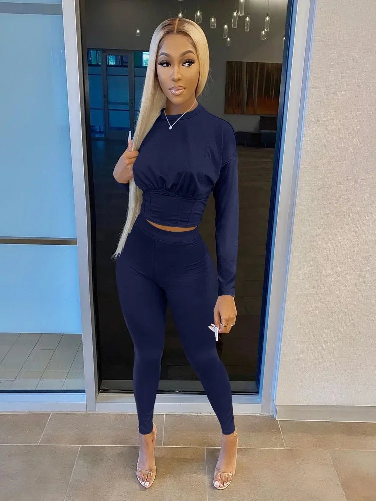 2023  New  AutumnWomen's Pure Color Sports Waist Suit Fashion Casual Two-piece Set