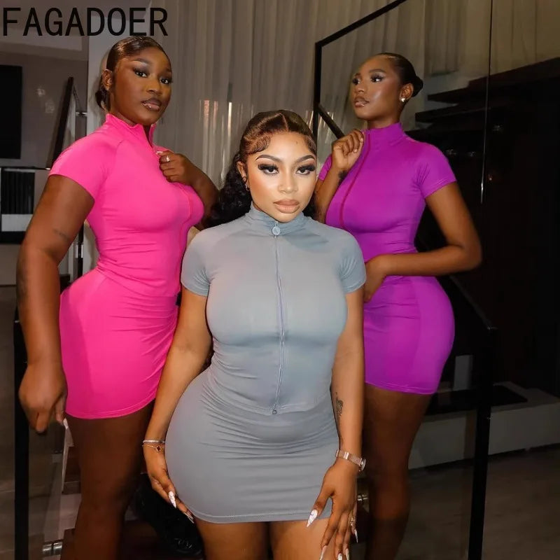 FAGADOER Casual Sporty 2 Piece Sets Woman Outfit Short Sleeve Zip Crop Tops and Mini Skirt Matching Jogger Female Tracksuits New