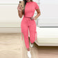 Tight Solid Color Two Piece Set Women Cropped T Shirt Slim Long Pants Leace-up Pocket Ladies Sets 2023 Spring Summer Sportswear