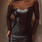 Dresses Women 2023 Elegant Long Sleeved Sexy Sheer Mesh Patch PU Leather Bodycon Skinny Slim Mini Party Evening Dress Night Out