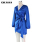 CM.YAYA Women Long Sleeve Lace Tie Up V-neck Irregular Dress Sexy Night Party Autumn Winter A-line INS Mini Dresses