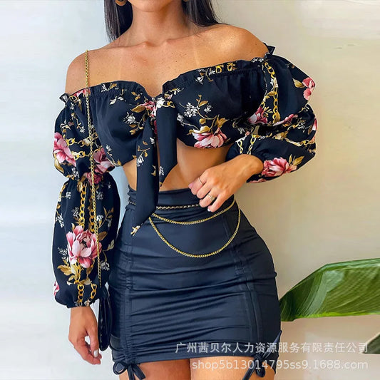 New Women's Clothing One-word Shoulder Strap Long-sleeved Top and Pleated Skirt Set for Women