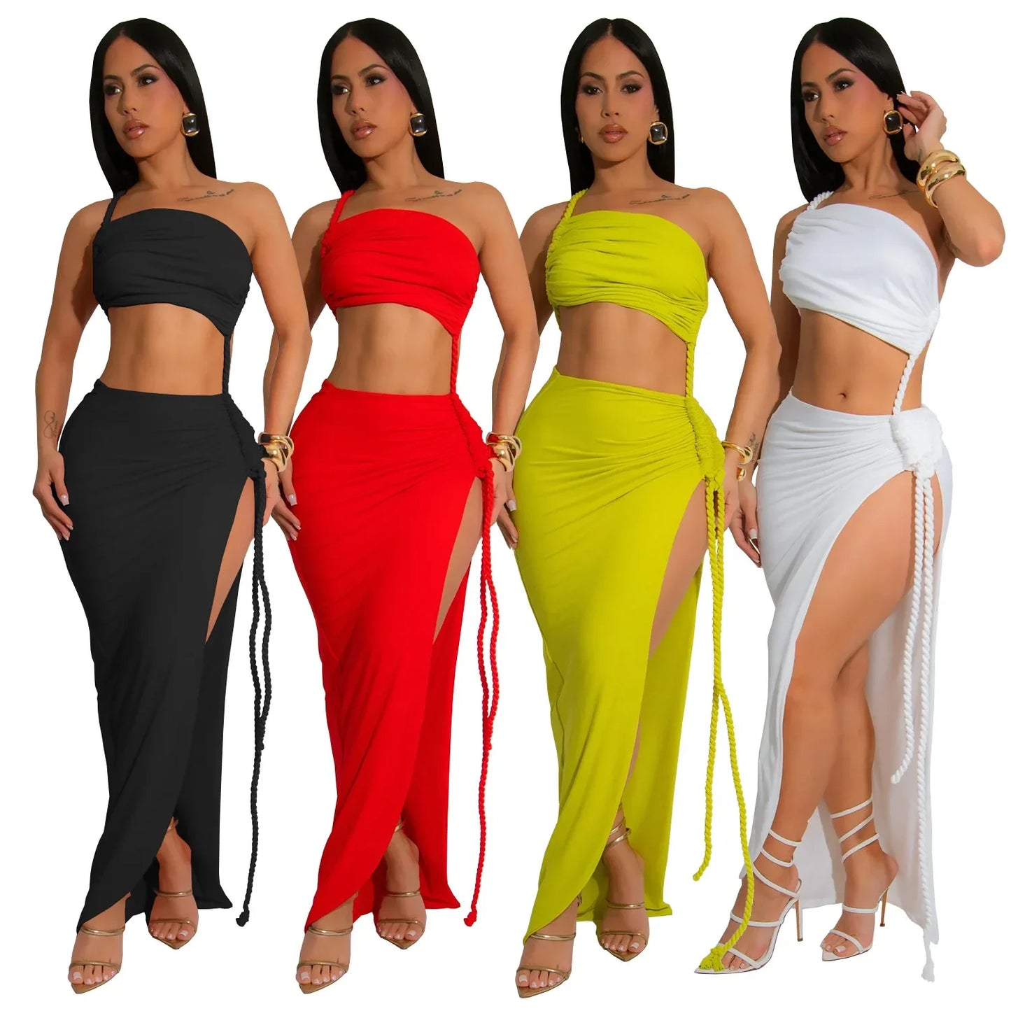 Fashionable Wrap Chest Side Slit Sexy Long Skirt for Women Simple Summer Cross-Border Polyester Fiber Floor-Length Dress