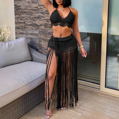 Women'S Two Piece Swimsuit Beach Cover Up Fashion Solid Colour Knitted High Waist Tassel Long Skirt Swimsuit Cover Up Bikini