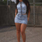 Ruffles Jeans Skirt Outfit Set Sexy Women Halter Elegant Two Pieces Denim Club Matching Set Top+Mini Skirt