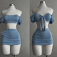 Sexy Puff Sleeve Strapless Crop Top High Waist Skirt 2 Piece Set Women Summer Lace Up Tube Slim Fit Suits Party Club Outfits