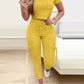Tight Solid Color Two Piece Set Women Cropped T Shirt Slim Long Pants Leace-up Pocket Ladies Sets 2023 Spring Summer Sportswear