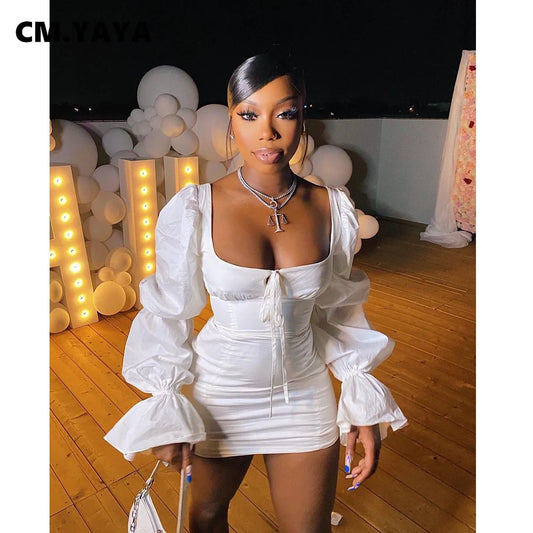 CM.YAYA Women Mini Dress Solid Full Puff Sleeve Square Collar Bandage Stretchy Bodycon Dresses Sexy Fashion Vestidos Summer 2021