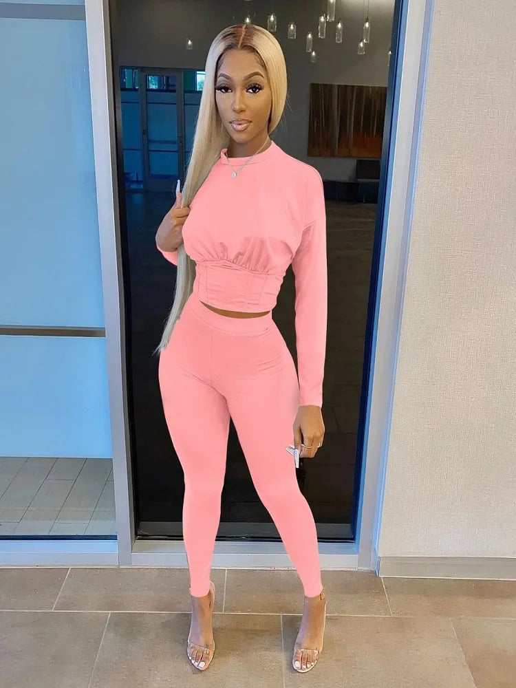 2023  New  AutumnWomen's Pure Color Sports Waist Suit Fashion Casual Two-piece Set