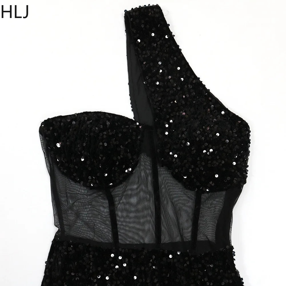 HLJ Fashion Sequin Splicing Hollow One Shoulder Party Club Mini Dresses Women Sleeveless Backless Slim Vestidos Sexy Clothing
