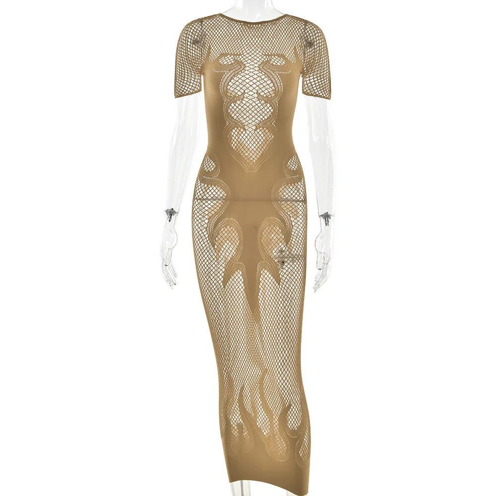 HLJ&GG Sexy Hollow Out Mesh See Though Bodycon Long Dress Women Round Neck Short Sleeve Slim Vestidos Fashion Y2K Clubwear 2025