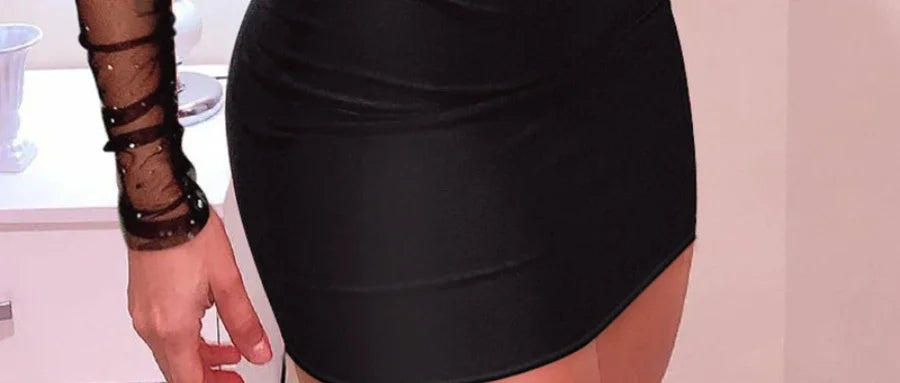 Fashion Mesh Stitching Sprinkling Slim Dress Women Long Sleeve High Waist Sexy Bodycon Mini Dress