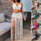 Women'S Two Piece Swimsuit Beach Cover Up Fashion Solid Colour Knitted High Waist Tassel Long Skirt Swimsuit Cover Up Bikini