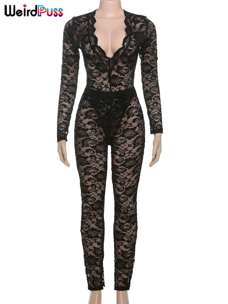 Weird Puss Sexy Jacquard 2 Piece Set Women Mesh Summer Deep v-Neck Bodysuit Tops+Leggings Midnight Activity Club Hipster Outfits