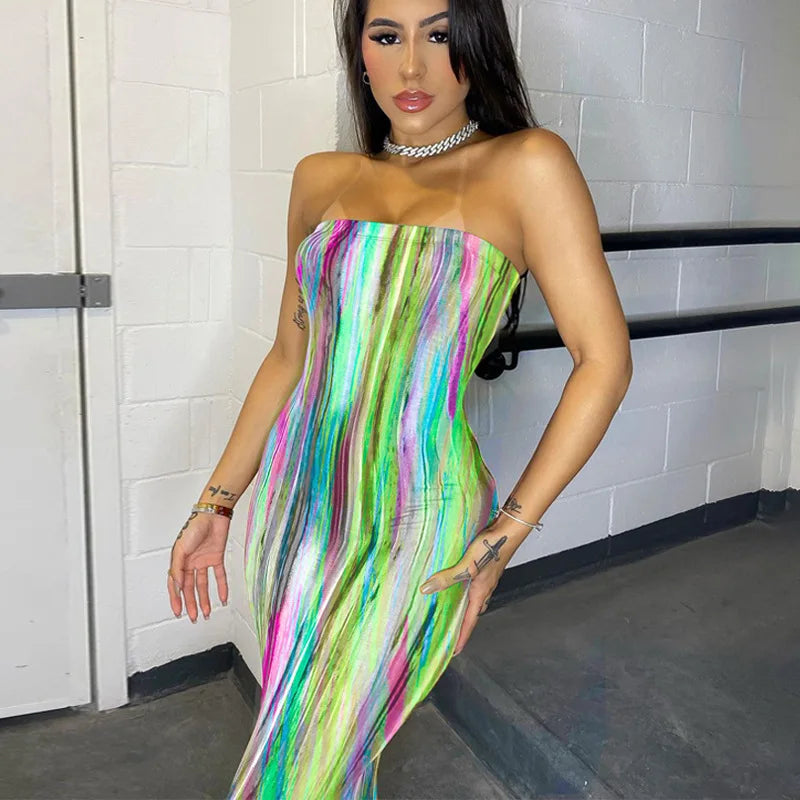 Spring And Summer Dresses For Women Chest Wrap Printed Off Shoulder Bandage Slim Sexy Long Dress New Fashion Party Long Sleeve
