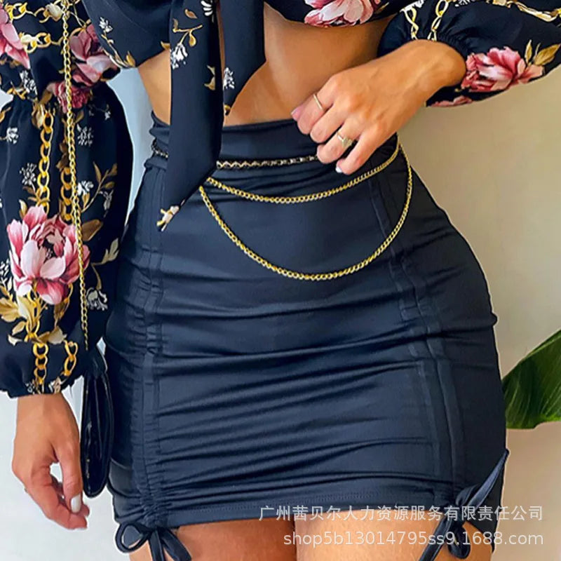 New Women's Clothing One-word Shoulder Strap Long-sleeved Top and Pleated Skirt Set for Women