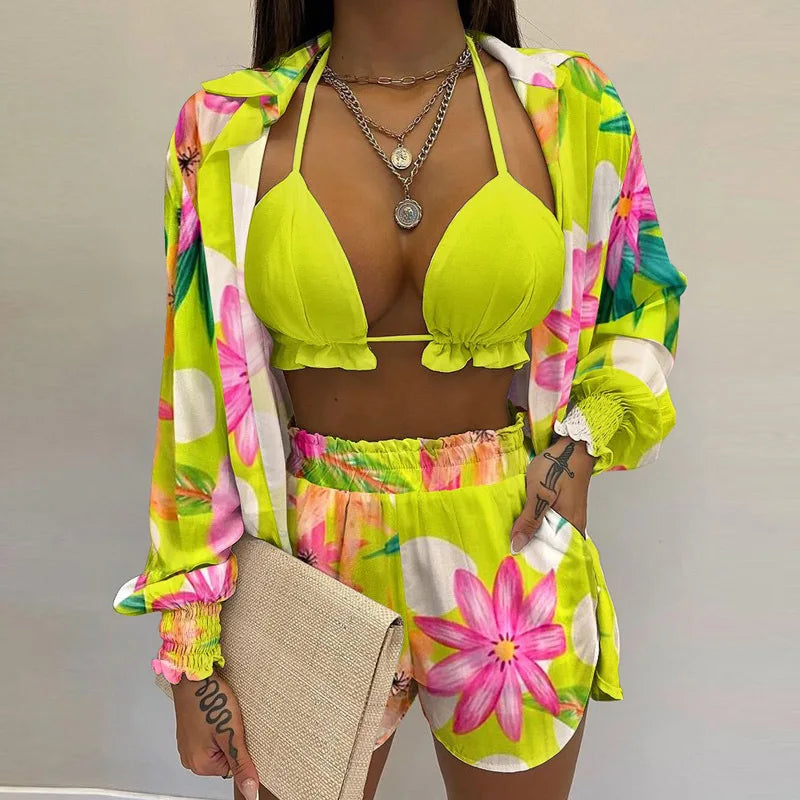 3 Pieces Women Stes 2024 New Sexy Floral Leaf Printed Halter shirt+shorts Three Pieces Sets women's Clothing GHH9068