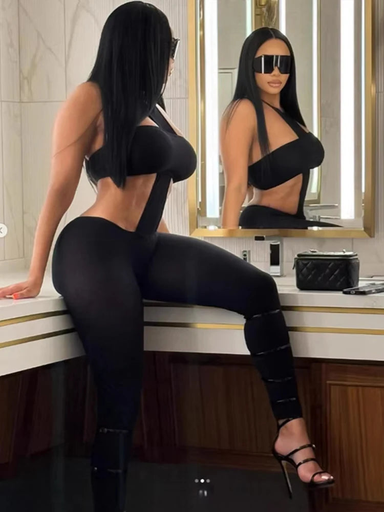 Weird Puss Sexy Backless 2 Piece Set Women Stretch Tube Top+Skinny Halter Jumpsuit Fitness Street Matching Party Club Overalls