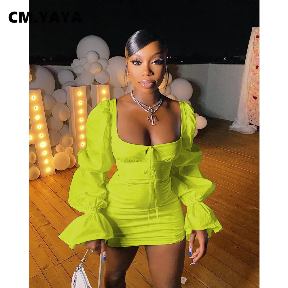 CM.YAYA Women Mini Dress Solid Full Puff Sleeve Square Collar Bandage Stretchy Bodycon Dresses Sexy Fashion Vestidos Summer 2021