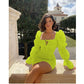 CM.YAYA Women Mini Dress Solid Full Puff Sleeve Square Collar Bandage Stretchy Bodycon Dresses Sexy Fashion Vestidos Summer 2021