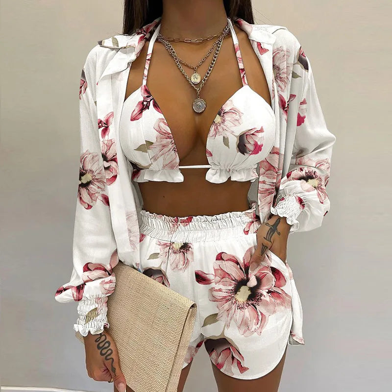 3 Pieces Women Stes 2024 New Sexy Floral Leaf Printed Halter shirt+shorts Three Pieces Sets women's Clothing GHH9068