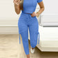 Tight Solid Color Two Piece Set Women Cropped T Shirt Slim Long Pants Leace-up Pocket Ladies Sets 2023 Spring Summer Sportswear