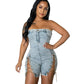 Rompers Women One Piece Elegant Splice Denim Jumpsuits Sexy Slim Fit Strapless Sleeveless Short Pants Sheath Playsuits