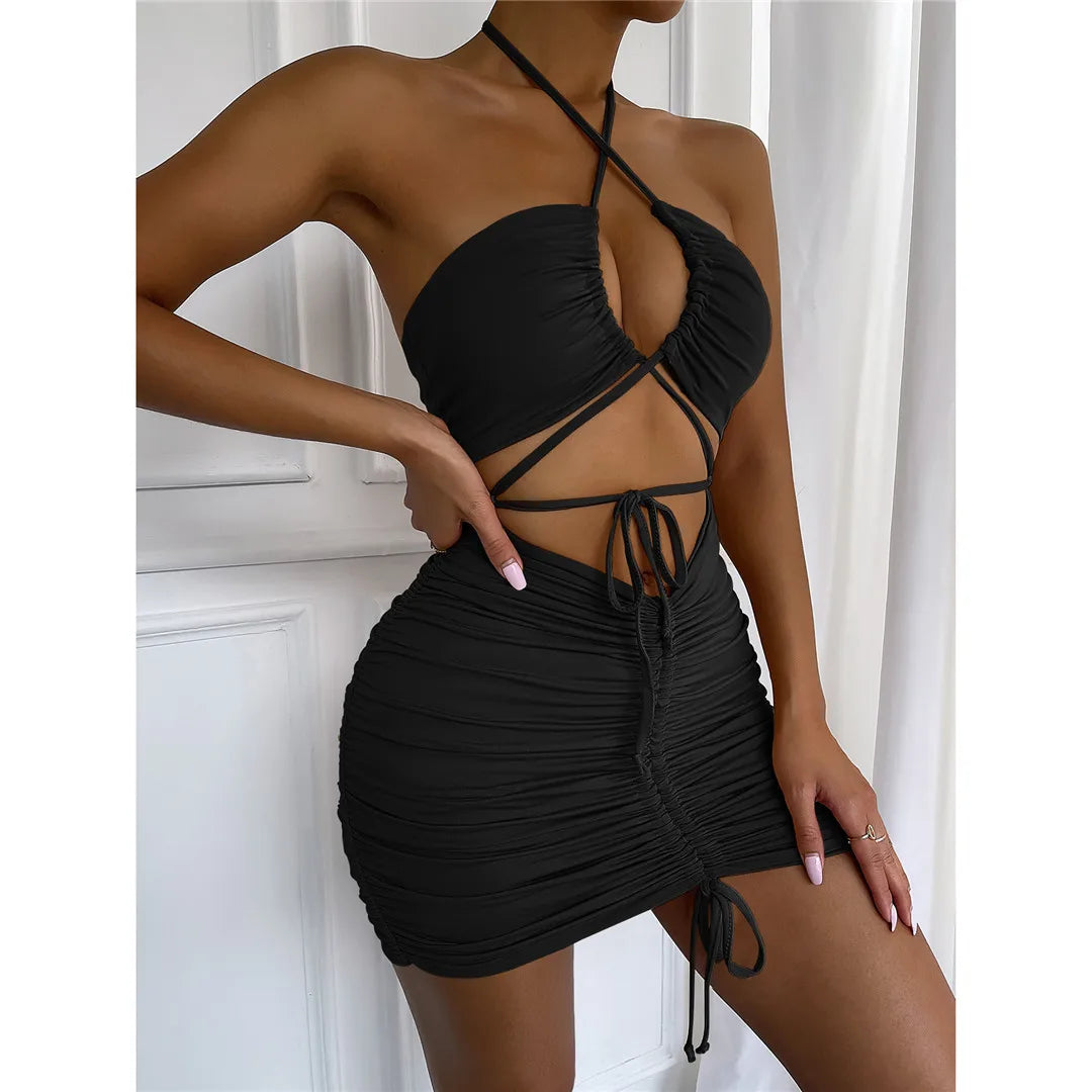 3 Colors Cut Out Halter Pleated Summer Dress Evening Party Bodycon Dress Mini Dress For Women Tight Dress Clubwear Vestidos D282