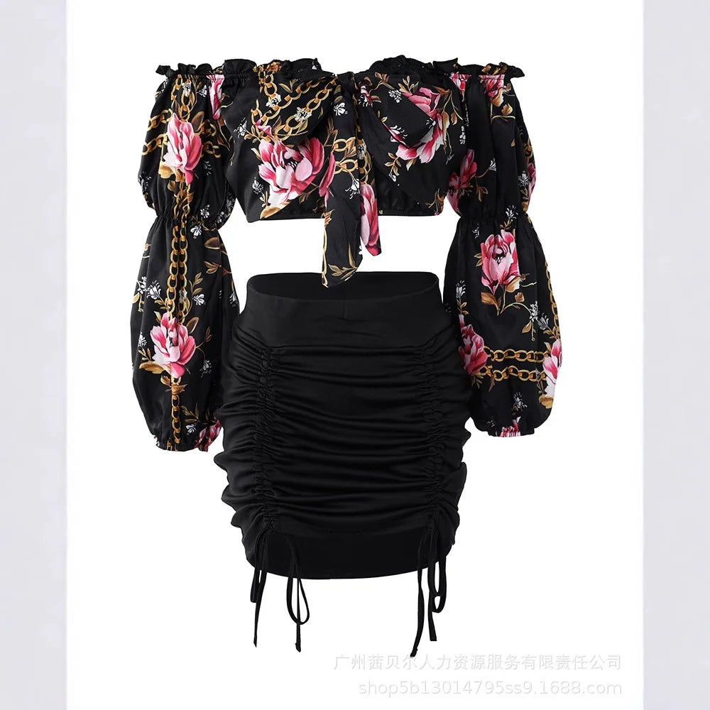 New Women's Clothing One-word Shoulder Strap Long-sleeved Top and Pleated Skirt Set for Women